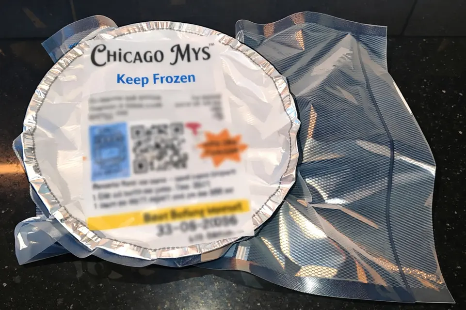 Chicago Mys deep dish pizza in minimal protective packaging